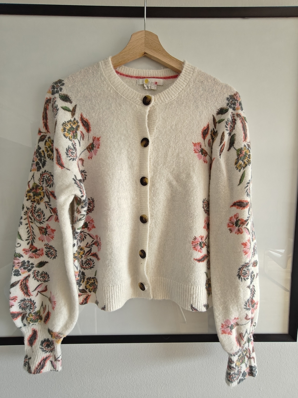 Boden Alpaca Wool Cream Floral Embroidered Cardigan with Pink & Green Accents
